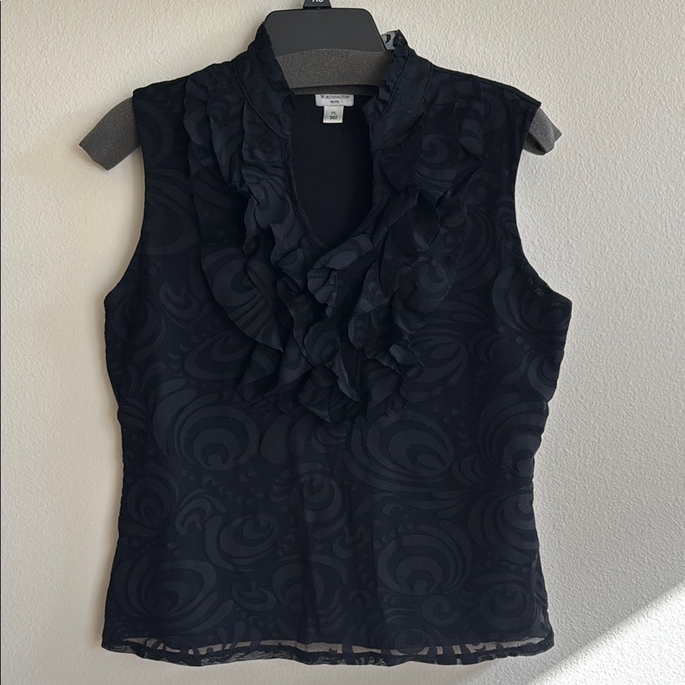 Black Ruffled Fitted Blouse with Mandarin Collar